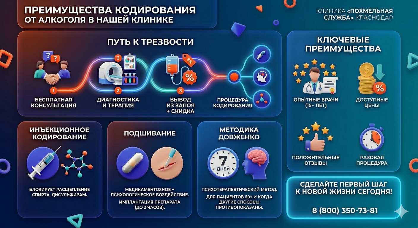 Инфографика о методах кодирования от алкоголя в Сторожевой: инъекции, подшивание, метод Довженко. Преимущества клиники и этапы лечения.