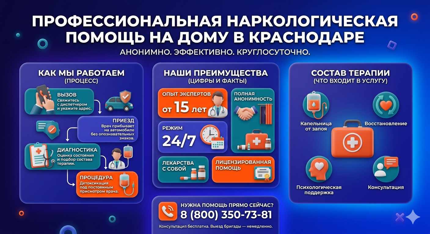 Инфографика о принципах лечения алкоголизма на дому в Сторожевой: этапы вызова нарколога, преимущества анонимной детоксикации и состав медицинской помощи.